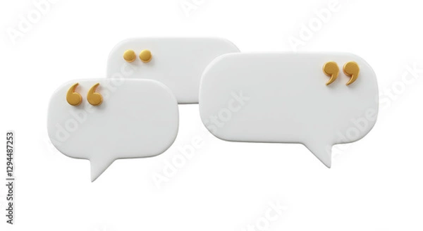 Fototapeta Isolated Group of White Speech Bubbles with Golden Quotation Marks: 3D Render