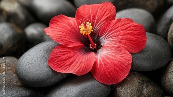 Fototapeta Vibrant Red Hibiscus Blossom Resting on Smooth Dark Stones Evoking Tranquility and Natural Beauty in a Zen Garden Setting