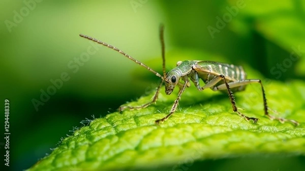 Fototapeta Close-Up of a Green Grasshopper on a Leaf in Natural Setting