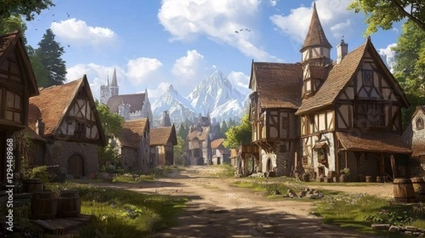 Fototapeta Immersive visuals showcasing charming village life in a role-playing game.