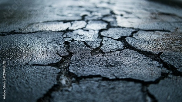 Fototapeta Detailed Close-up of Cracked Asphalt Surface with Texture and Patterns