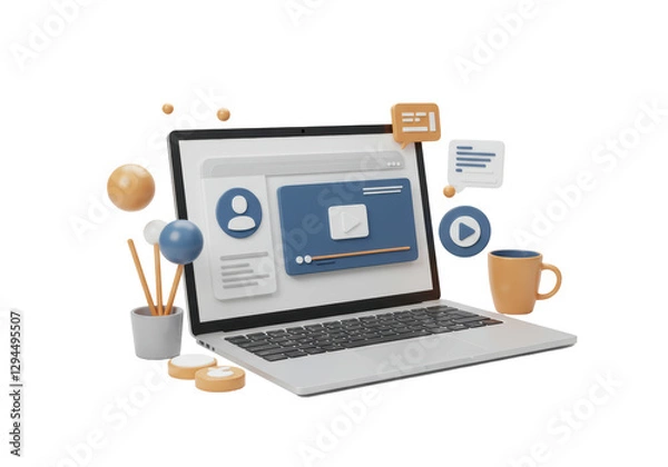 Fototapeta Isolated Laptop Scene with Online Learning Elements