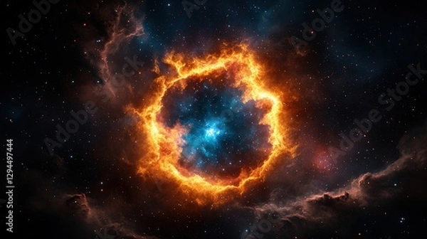 Fototapeta Bright orange nebula surrounded by dark blue nebula in a cosmic hyperspace warp tunnel abstract image