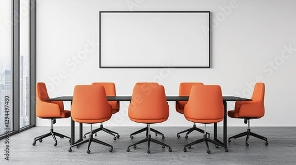 Fototapeta Modern Conference Room with Orange Chairs and Empty Wall Space