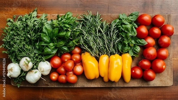 Obraz Fresh Vegetables and Herbs on Wooden Board