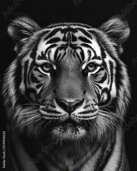 Fototapeta Striking Monochrome Portrait of a Majestic Tiger with Dramatic Shadows and Intense Gaze