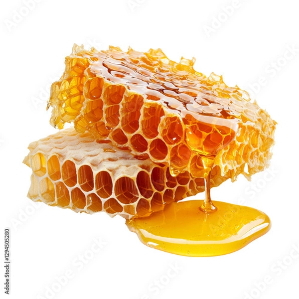 Fototapeta Fresh honeycomb dripping with golden honey, showcasing its natural texture and sweetness. Perfect for culinary uses, health benefits, and natural sweetness
