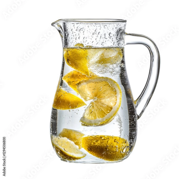 Fototapeta Refreshing pitcher of water with lemon slices, perfect for hydration and summer gatherings. condensation on glass adds cool touch to this vibrant drink