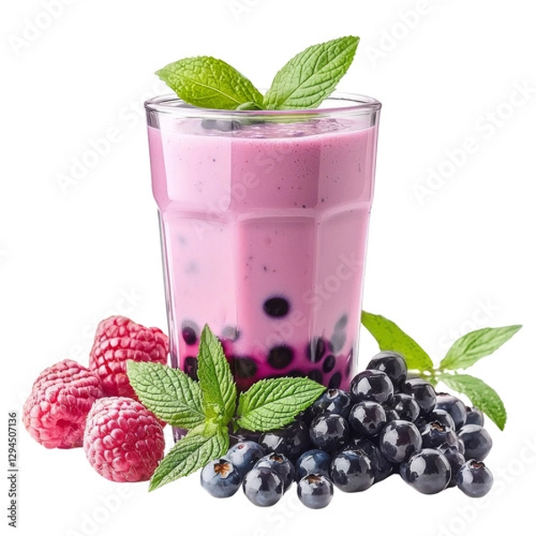 Fototapeta Fresh berry smoothie with mint leaves, raspberries, and blueberries
