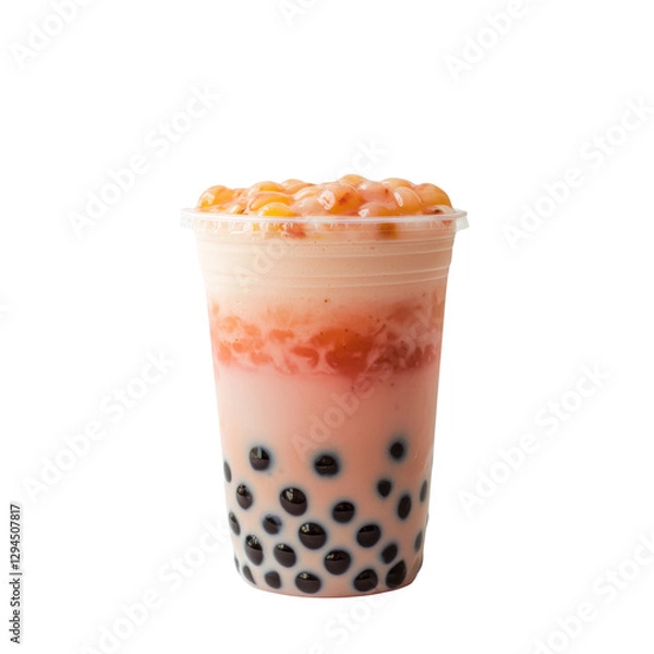 Fototapeta Delicious bubble tea with colorful layers and tapioca pearls, perfect for refreshing treat. Enjoy blend of flavors and textures in this vibrant drink