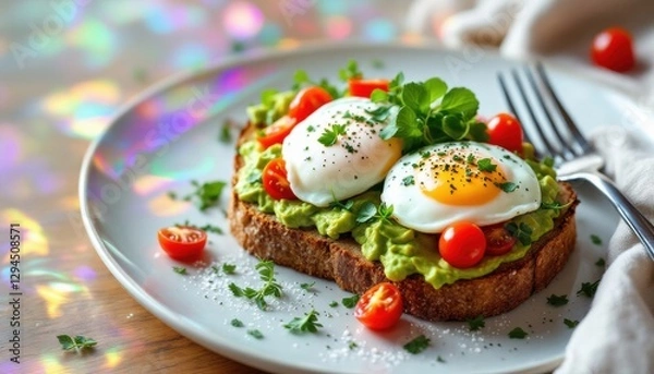 Fototapeta Poached eggs on avocado toast with cherry tomatoes and herbs on a white plate