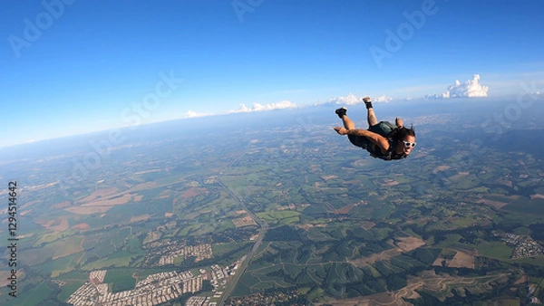 Fototapeta  A Brazilian skydiver in free fall, on a summer day. Smiling and confident.