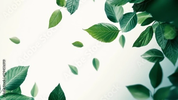 Fototapeta Green leaves hover on a clear backdrop.