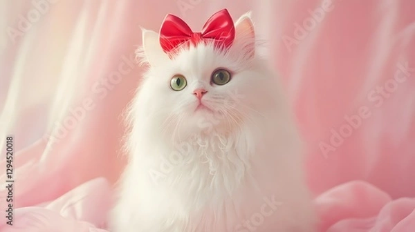 Obraz White Cat with Red Bow on Pink Background in Soft Lighting
