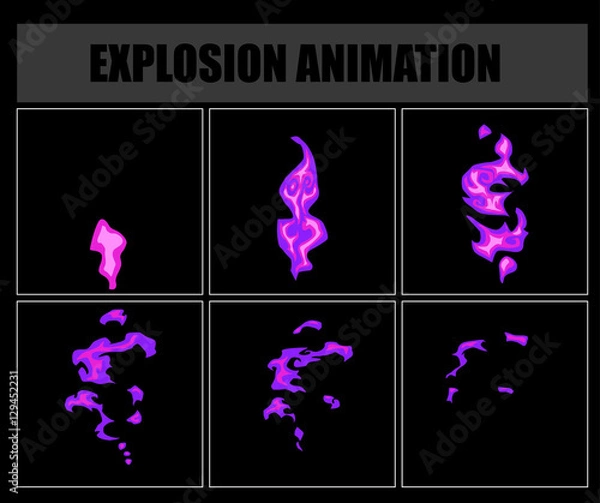 Fototapeta Fire animation sprites, vector flame video frames for game design