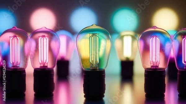Obraz Colorful Vintage Light Bulbs Illuminated With Vibrant Reflections and Blurred Background