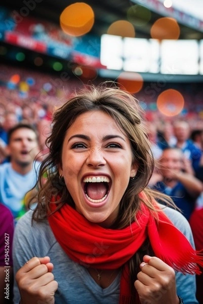 Obraz Portrait of woman passionate fan in a stadium celebrating with intense emotion and energy