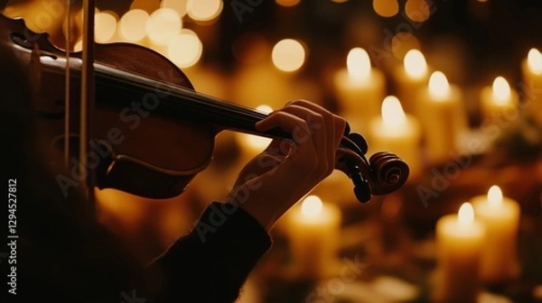 Obraz A close-up of a violin played softly beside flickering candlelights, creating an atmosphere of nostalgia and warmth.