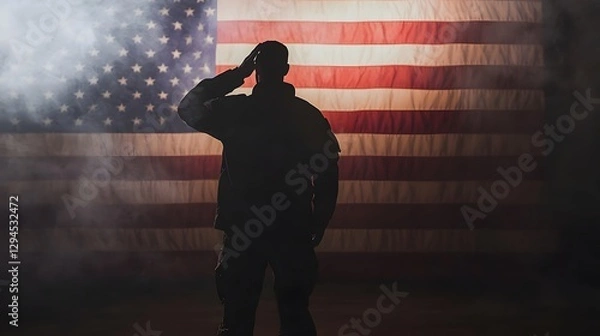 Obraz Silhouette of a Soldier Saluting in Front of American Flag