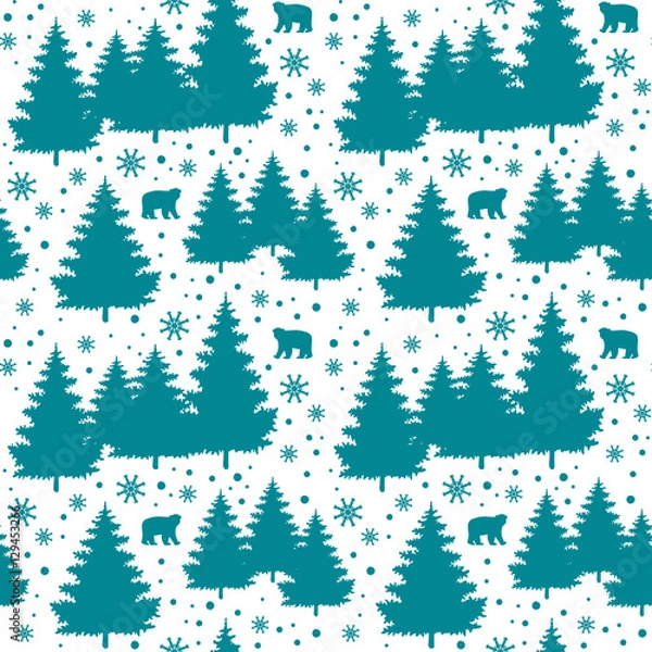 Fototapeta Winter Holiday seamless pattern with christmas trees, bears, snowflakes. Vector falling snow background for christmas card.