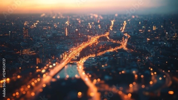 Obraz An aerial view of a city at sunset reveals a labyrinth of glowing streets and buildings, painted in warm tones of evening light.