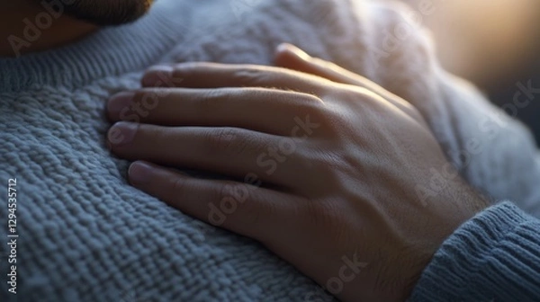 Obraz A hand gently rests on a warm, textured sweater, capturing a moment of calm comfort and human connection in soft ambient light.