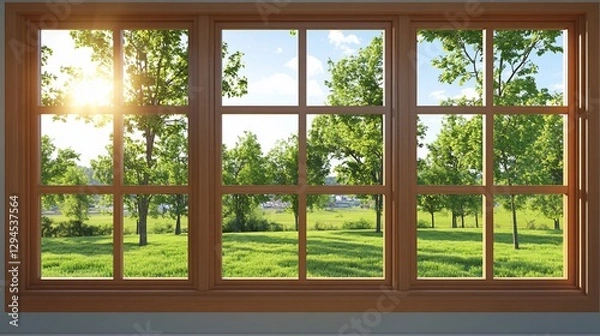 Fototapeta Wooden window frame, looking out at green fields and trees, sunny day