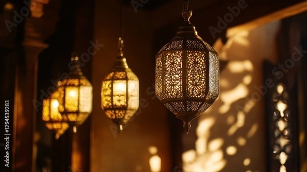 Fototapeta Illuminated lanterns hanging in a warm light environment.