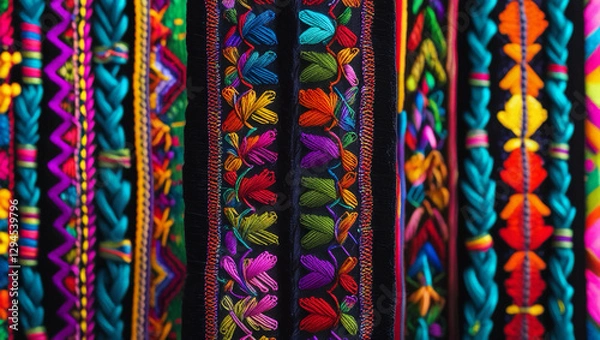 Obraz Mexican embroidery in a vertical pattern on a black background