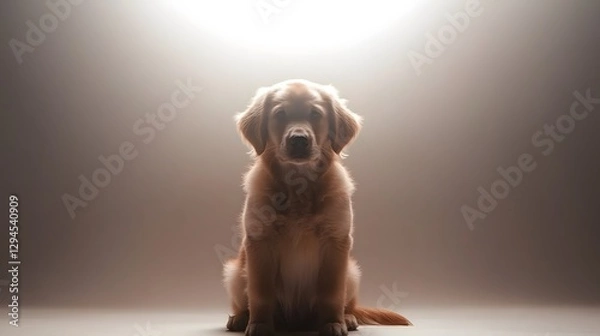 Obraz Golden retriever puppy sitting in soft light on neutral background