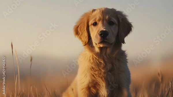 Fototapeta Adorable Golden Retriever Puppy Sitting in Field at Sunset