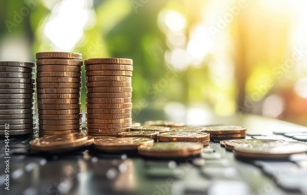 Fototapeta Stacks of coins on reflective surface with blurred green background