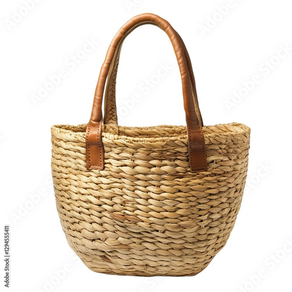 Obraz Stylish Woven Straw Handbag with Leather Handles – Isolated on Transparent Background
