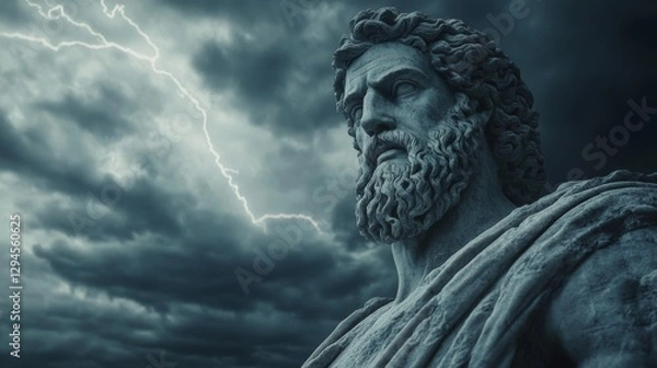 Fototapeta A powerful statue against a stormy sky with lightning conveys strength and drama, reminiscent of ancient myths.