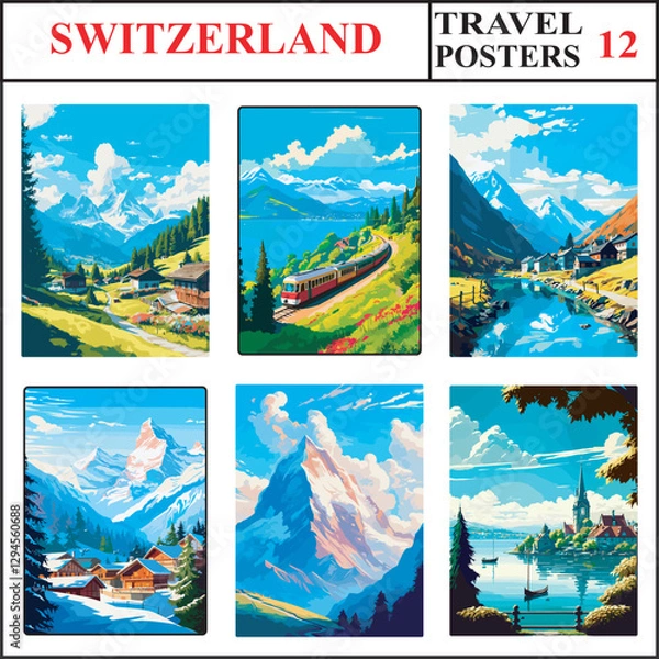 Fototapeta Switzerland Gstaad Rigi Queen of the Mountains Andermatt Travel Poster Wall Art Print Set Part 12
