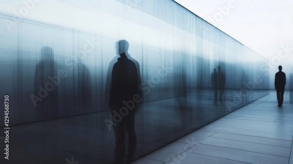 Obraz A lone figure walks past a translucent wall, their silhouette reflected like ghosts in the mirrored surface, creating an ethereal scene.