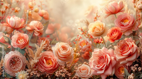 Fototapeta A dreamy floral arrangement with delicate peach and blush roses, perfect for Women's Day, invitations, branding, luxury decor, greeting cards, and backgrounds.