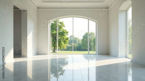 Fototapeta Bright, sunlit, minimalist interior room with expansive arched windows showcasing a tranquil park-like landscape beyond