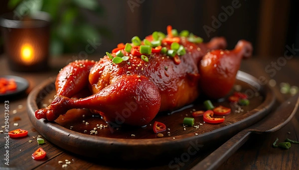 Fototapeta Fiery Sichuan Spicy Duck with Chili & Peppercorn Garnish, Szechuan deep fried chicken, Chinese food, Chinese characteristic food, restaurant cuisine, created with generative ai