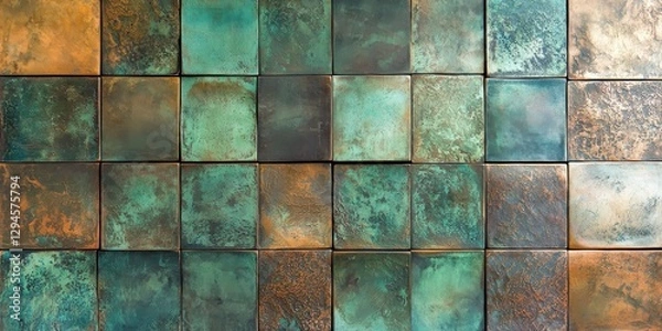 Fototapeta Abstract texture of oxidized copper tiles with green and brown tones