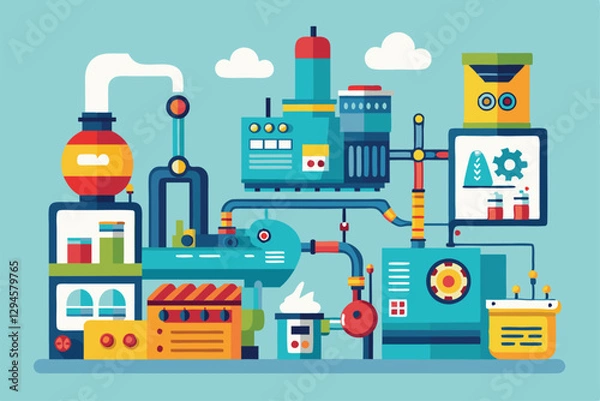 Obraz This illustration shows a vibrant factory with machines for customizable semi-flat manufacturing, Manufacturing process Customizable Semi Flat Illustration