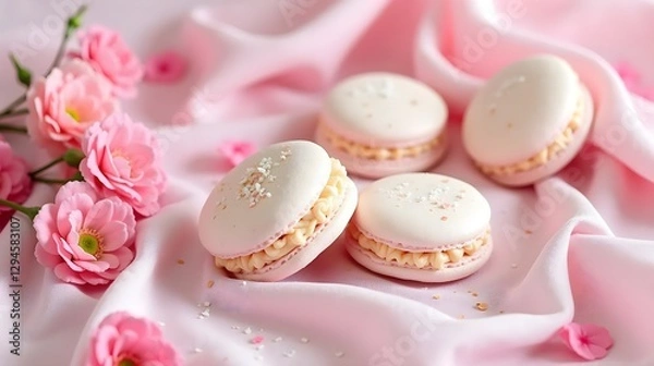 Fototapeta Meringue cookies and pink flowers lying on pink and white chiffon fabric