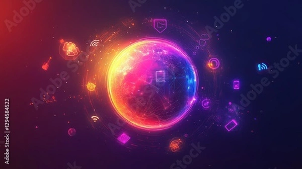 Obraz A brightly glowing globe surrounded by vibrant, glowing technology icons (such as a cloud, gear, and smartphone)