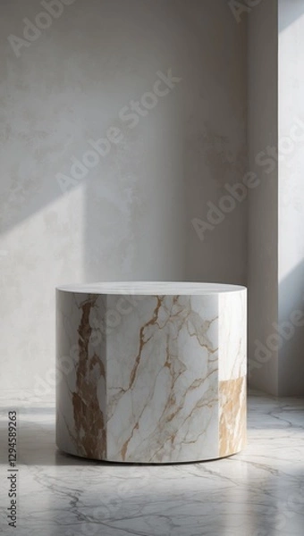 Fototapeta Marble cylinder pedestal. White stone podium with gold veins. Empty stand on marble floor and beige wall, indoor. Sunlight on backdrop.