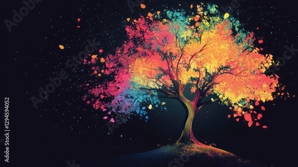 Fototapeta A colorful tree illustration, with artistic brushstroke effects on the trunk and leaves, set against a bold black background