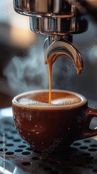 Fototapeta Hot espresso pouring from a metallic coffee machine into a brown ceramic cup with rich crema and steam rising in a cozy cafe setting