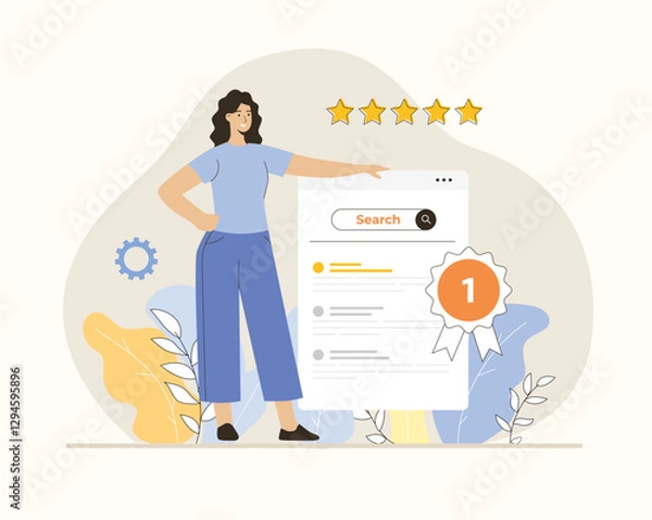 Fototapeta Search engine optimization for website keyword ranking development. Digital marketing strategy. Website SEO analysis. Flat vector illustration.	
