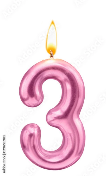 Fototapeta Metallic pink Number three Candle with Flame