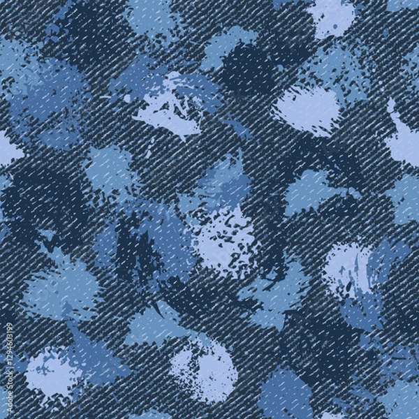 Fototapeta Seamless denim pattern with paint splatter, stains, blots, smudge of paint. Textured background. For apparel, fabric, textile, surface design.