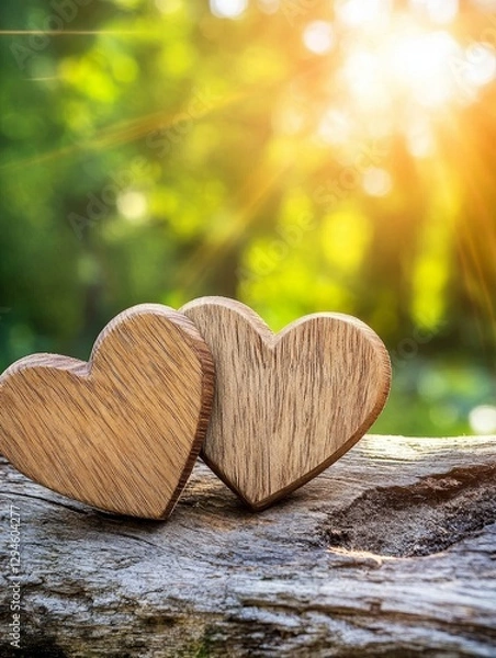 Fototapeta Wooden Hearts in Sunlight - Two wooden hearts nestled together on rustic wood, bathed in warm sunlight. Symbolizing love, nature, togetherness, warmth, and hope